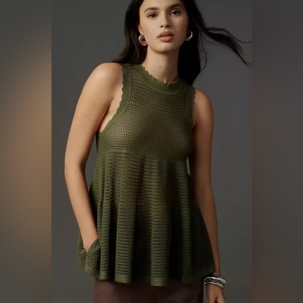 Maeve Open Knit Scallop Edge Baby Doll Sweater Tank Top in Army Green Size XS